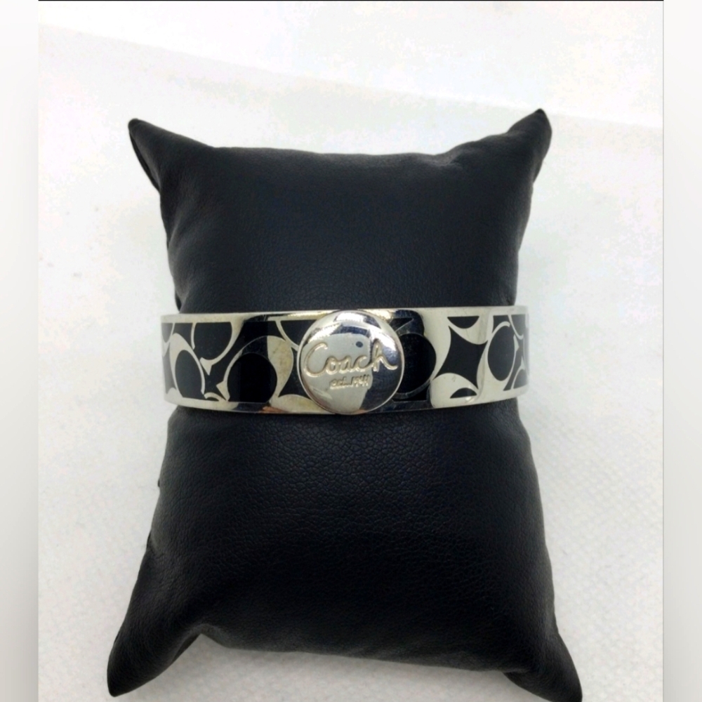 Coach Black Enamel Signature Hinged Bangle Bracelet NWOT